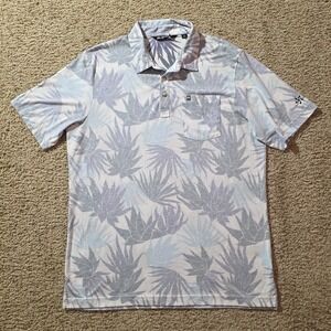 Travis Mathew Large Golf Polo Shirt Mens Gray Blue Floral Reverse Print